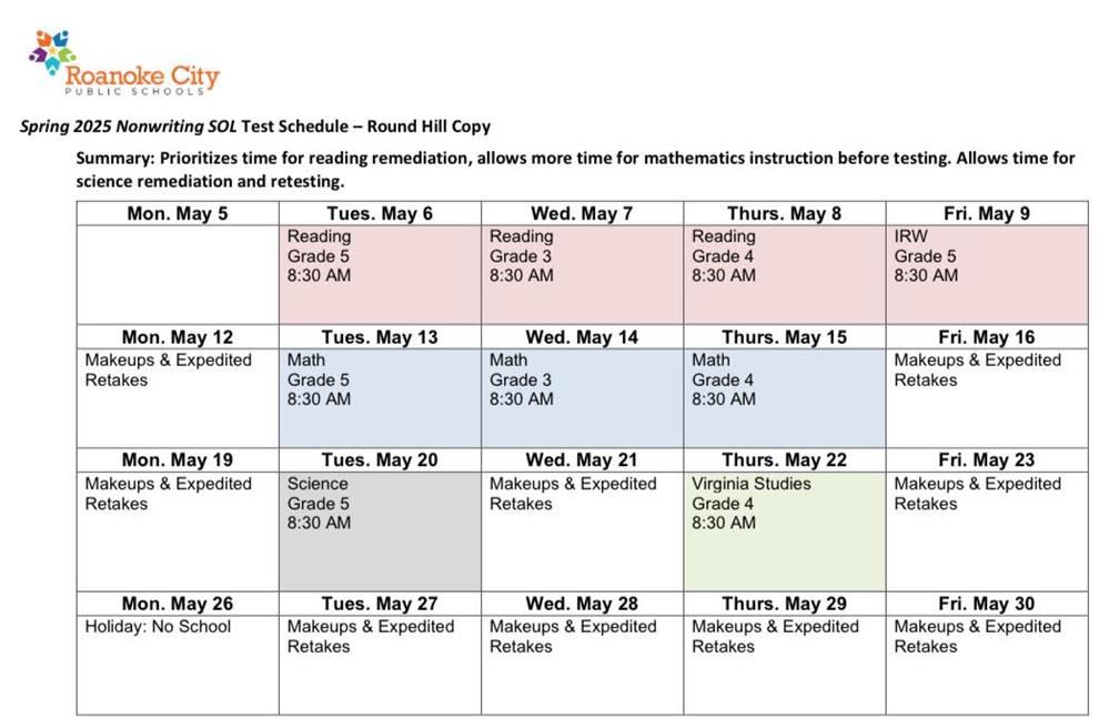 SOL Testing Schedule